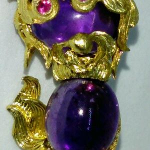 18K GOLD AMETHYST DOG PIN PINK SAPPHIRE EYES